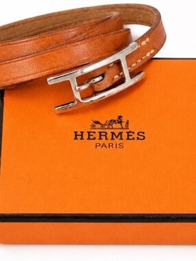 Hermes Behappi Orange Cognac Double Tour Leather Bracelet with Silver H Buckle